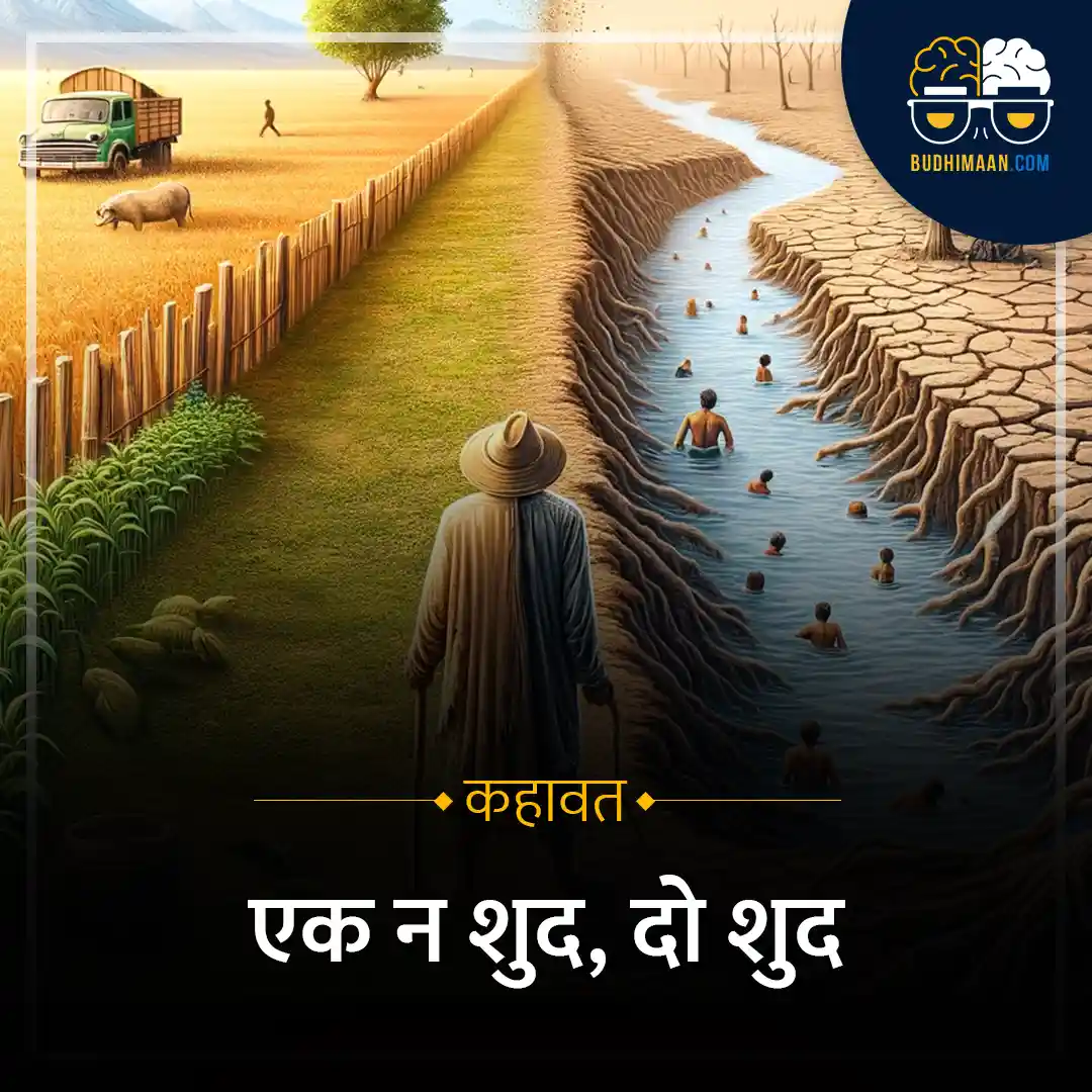 "एक न शुद, दो शुद कहावत का प्रतीकात्मक चित्रण", "Budhimaan.com पर किसान की चुनौतियाँ दिखाती तस्वीर", "सूखे और बाढ़ से जूझते किसान का चित्र", "जीवन की अनवरत चुनौतियों को दर्शाता दृश्य"